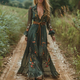 GETADME Ethnic Retro Floral Print Pleated Long Dress Spring Sexy Shirt Collar Buttons Women Party Dress Fall Long Sleeve Bohe Maxi Dress