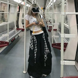 GETADME Y2K Black Cargo Pants Women Streetwear Plaid Patchwork Baggy Sweatpants Harajuku Wide Leg Joggers Summer Korean Casual Trousers