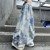 GETADME American Style Girl High Street Newspaper Print Jeans for Children Straight Loose Wide Leg Denim Pants Kids y2k Jeans Trousers