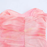 GETADME TRAFZA 여성 비치 스타일 민소매 프린트 드레스 스트랩리스 플리츠 지퍼 여성 여름 스플릿 밑단 얇은 명주 백리스 미디 드레스