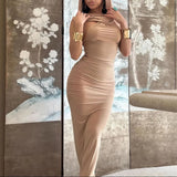 GETADME Summer Hooded Sleeveless Sexy Maxi Dress Women Streetwear Ruched Skinny Party Bodycon Solid Backless Gowns