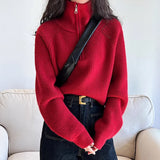 GETADME Half Zip Collar Sweater Women Pullovers Soft Knitted Long Sleeve Short Jumper Fall Winter Teen-girl Korean Fashion Outfit