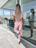 GETADME Jumpsuit Women 2025 Solid Color Short Sleeve V-neck Pocket Lace-up Pencil Long Pants Jumpsuits Summer Outfits Bodysuits