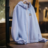 GETADME Maden Casual Blue White Striped Hooded Shirt Women's Spring Seersucker Vacation Style Blouse Lightweight Layering Beach Shirts