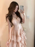 GETADME French Sweet Elegant Women Dresses Vintage Design Irregular Strap Evening Dress Fashion Female Puffy Korean Popular Long Dresses