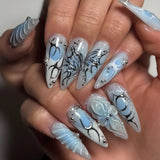 GETADME 24Pcs Black Y2k Long False Nails with Almond Head Design Cat's Eye Silver Stripe Pattern Press on Fake Nails Wearable Nail Tips