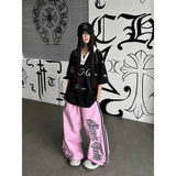 GETADME YIBASHU Women Pink Baggy Wide Leg Sweatpants American Letter Print Pants Harajuku Japanese 2000s Style Vintage Y2k Stripe Trouse