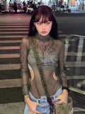 Getadme-Vintage Y2k Graphic Mesh T Shirts Women 2000s Grunge See Through Slim Kpop Tops Hollow Aesthetic Long Sleeve Tee Shirts