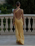GETADME 2025 New Summer Backless Yellow Satin Lace Up Dresses Women Elegant Off Shoulder Strapless Long Dress Lady Party Club