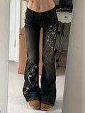 GETADME Weekeep Floral Embroidery Jeans Vintage 2000s Low Rise Flared Jeans Women Retro y2k Baggy Denim Pants High Street Basic Trousers