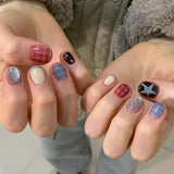 GETADME 10pcs Short Oval Shaped Press-On Nails - Color Block Stripes & Star Designs Glossy Mix-and-Match False Nails for Women and Girls