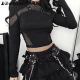 GETADME Goth Mesh Patchwork T-Shirts Sexy Hollow Out Long Sleeve Eyelet Crop Tops Fashion Women Punk Style Slim Tees Streetwear