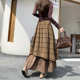 GETADME Vintage Plaid Woolen Midi Skirt Women Japanese Harajuku Patchwork Asymmetrical Skirts Winter Korean Casual Design A Line Faldas