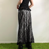 Getadme-Rockmore Lace Double Layer Long Skirts Black Baggy y2k Aesthetic Straight Midi Skirts femme Clothing 2000s Grunge Fairycore