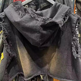 GETADME American retro old wash jeans vest women's fashion high-end stitching hole design short sleeveless hooded patch coat jacket.