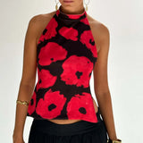 GETADME Combhasaki Women's Y2K Button Closure Halter Neck Crop Tops Sleeveless Backless Aesthetic Dots/Tie-dye Flower Print Summer Vests