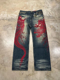 GETADME Japanese Harajuku Jeans Mens New Dragon High Quality Jeans Gothic Y2K Vintage Hip Hop Streetwear Denim Fabric Wide Leg Pants