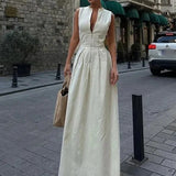 GETADME O Neck Long A-line Dress 2025 Ladies Sleeveless Solid Color Zip Up Commuter High Waist Zipper Maxi Party Dresses