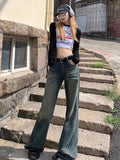 Getadme -Harajuku Fashion Wide Leg Pants Baggy Full Length High Street Streetwear Denim Jeans Print Pockets Straight Women Casual Retro