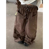 GETADME ZHIZOU Women Goblin Long Trousers Parachute Pants Harajuku Y2K Splice Loose Grunge 2000s Streetwear Hip-pop Brown Sweat Pants