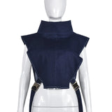 GETADME High Street Clubwear Denim Top Ladies Turtleneck Sleeveless Buckle Hollow Out Lace Up Femme Slim Fashion Trendy T-shirts 2025