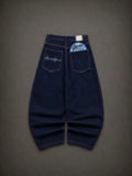 GETADME Y2k Dark Indigo Barrel Baggy Jeans Sound Wave Embroidery CD Pocket Decor Wide Leg Denim Pants Y2K Streetwear Loose Men Trousers