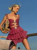 GETADME Sexy Shiny Hollow Out Layered Ruffle Mini Dress Women Fashion Backless Sleeveless Slim Dresses 2025 New Lady Party Vocation Gown