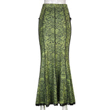 GETADME Darlingaga Vintage Fashion Elegant Green Trumpet Long Skirt Graphic Printed Lace Trim Y2K High Waist Skirt Women 2000s Aesthetic