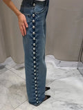 GETADME 2025 New Women's Low Rise Wide Leg Denim Jeans Pant With Chic Studs-Embellished Side Detail High Street Stylish Female Trousers