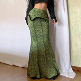 GETADME Lace Stitching Skirts For Women Vintage Floral Printing Green Elegant Evening Party High Elastic Waist Mermaid Skirts Fall 2025