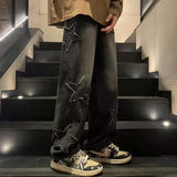 GETADME Star Embroidered Straight Casual Men's Jeans Y2K Gothic Unisex New Wide-leg Loose, Comfortable Fashionable Youth Street Jeans