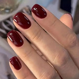 GETADME 24Pcs Solid Color Wine Red Design Fake Nail Short Square Press on False Nails Simple Detachable Finished Full Cover Nail Tips