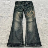 GETADME Summer Streetwear Embroidered Flare Jeans Men Y2K Retro Gothic Punk Casual Harajuku Distressed Vintage Black Denim Pants Unisex