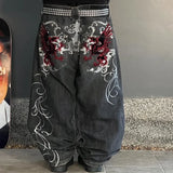 GETADME Streetwear Y2K Gothic Denim Trousers Harajuku Punk Dinosaur Embroidery Washed Jeans Hip Hop Wide Leg Oversized Jeans Mens Womens