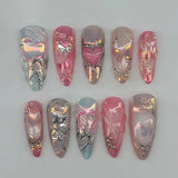 GETADME 24Pcs Black Y2k Long False Nails with Almond Head Design Cat's Eye Silver Stripe Pattern Press on Fake Nails Wearable Nail Tips