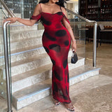 GETADME Tie Dye Printing Sling Off Shoulder Sleeveless Stretch Skinny Long Dress Summer Prom Occasion Evening Bodycon Gown For Women