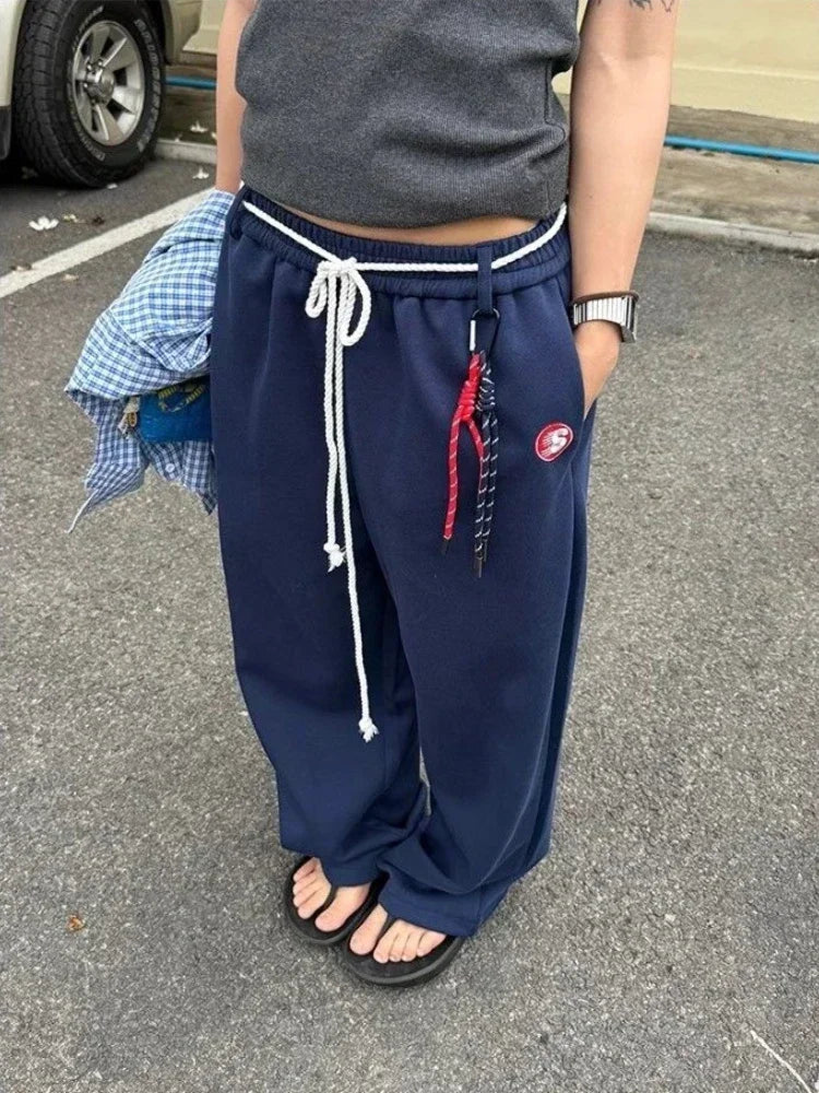 GETADME Y2k Kpop Oversized Sweatpants Women Vintage Wdie Leg Trousers with Belt Gyaru Streetwear Korean Fashion Baggy Joggers