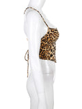 GETADME Leopard Pattern Women Tank Tops Backless Sexy Rave Outfits Sleeveless Cross Lace Up Bralette Crop Top Summer Streetwear