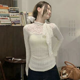 GETADME Vintage Lace Patchwork Long Sleeve T Shirts Women Korean Fashion Elegant Slim Lace Up Bow Top Autumn Winter New Soft Female Tees