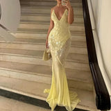 GETADME Yellow Sequins Maxi Beach Dress Women Sexy Backless Slim Party Fishtail Dresses Summer Mesh Patchwork Sheer Holiday Dress 2025