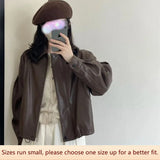 Spring Autumn Vintage Flip Collar Single Row Buckle Leather Clothes Women Pu Leather Clip Long Sleeve Outdoor Coat Trendy