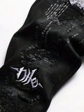 GETADME Men's Black Distressed Jeans Skull Patch & Embroidery Letter Print Slim Fit Stretch Denim Pants Street Fashion Biker Trousers