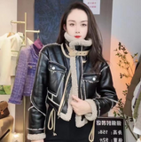 Getadme-Black Lambswool Jacket Winter Thickened Plus Velvet Motorcycle Faux Leather Stitching Coat PU Plush Cardigan Stand Collar Tops