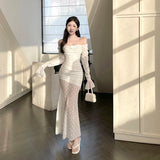 Getadme-여성용 우아한 드레스 2024 봄 신상품 순수한 색상 기질 슬림 페어리 스타일 레이스 스플라이싱 디자인 드레스