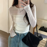 Getadme Mesh Long Sleeves Shirt Women Autumn Design Sense Niche Pleat Slim Fit Bottoming Shirt Short Top Female Korean Fashion Tops