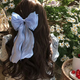 New Women Girls Sweet Blue Shining Satin Bowknot Hair Clip Big Ribbon Bow Barrette Solid Color Scarf Hairpin Grip Ponytail Clip