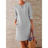 GETADME Women Casual Soild Long Sleeve Cotton And Linen Tunic Dress Vintage Straight Dress Long Sleeve Oversized Mini Knee-Length Dress