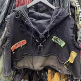 GETADME American retro old wash jeans vest women's fashion high-end stitching hole design short sleeveless hooded patch coat jacket.
