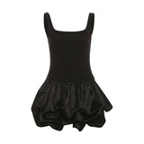 GETADME Sexy 2025 Women's Clothing Temperament Square Collar Sleeveless Ruched Fluffy Hem Stitching Tight Fitting Summer Club Dresses
