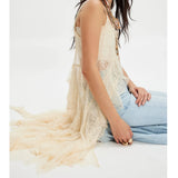 GETADME Women Sheer Maxi Lace Tanks Spaghetti Strap Mesh Tie Front Long Camisole Boho Flowy Floral See Through Coquette Layering Tops